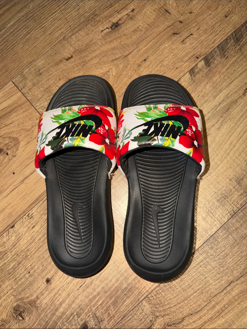 Nike Black Slide Sandals with Red & Green Floral Strap
